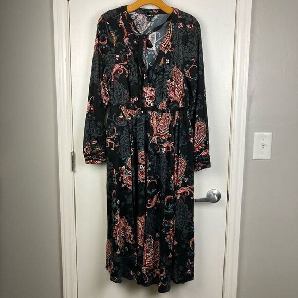 Torrid Midi Challis Skater Paisley V-neck Long Sleeve Black Dress sz 0 / L / 12 - Picture 2 of 10
